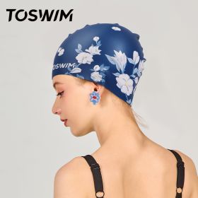 TOSWIM 1pc Women's Plus Size Comfy Waterproof Silicone Swimming Hat With Flower Pattern (Color: Rose Pattern)