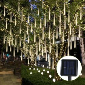 Solar Powered Meteor Shower String Lights 9.84FT Falling Raindrop Tube Lamp Water Resistant Decorative Lights (Light Color: WarmWhite)