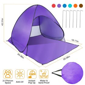Pop Up Beach Tent Sun Shade Shelter Anti-UV Automatic Waterproof Tent Canopy for 2/3 Man w/ Net Window Storage Bag (Color: Purple)