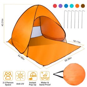 Pop Up Beach Tent Sun Shade Shelter Anti-UV Automatic Waterproof Tent Canopy for 2/3 Man w/ Net Window Storage Bag (Color: Orange)